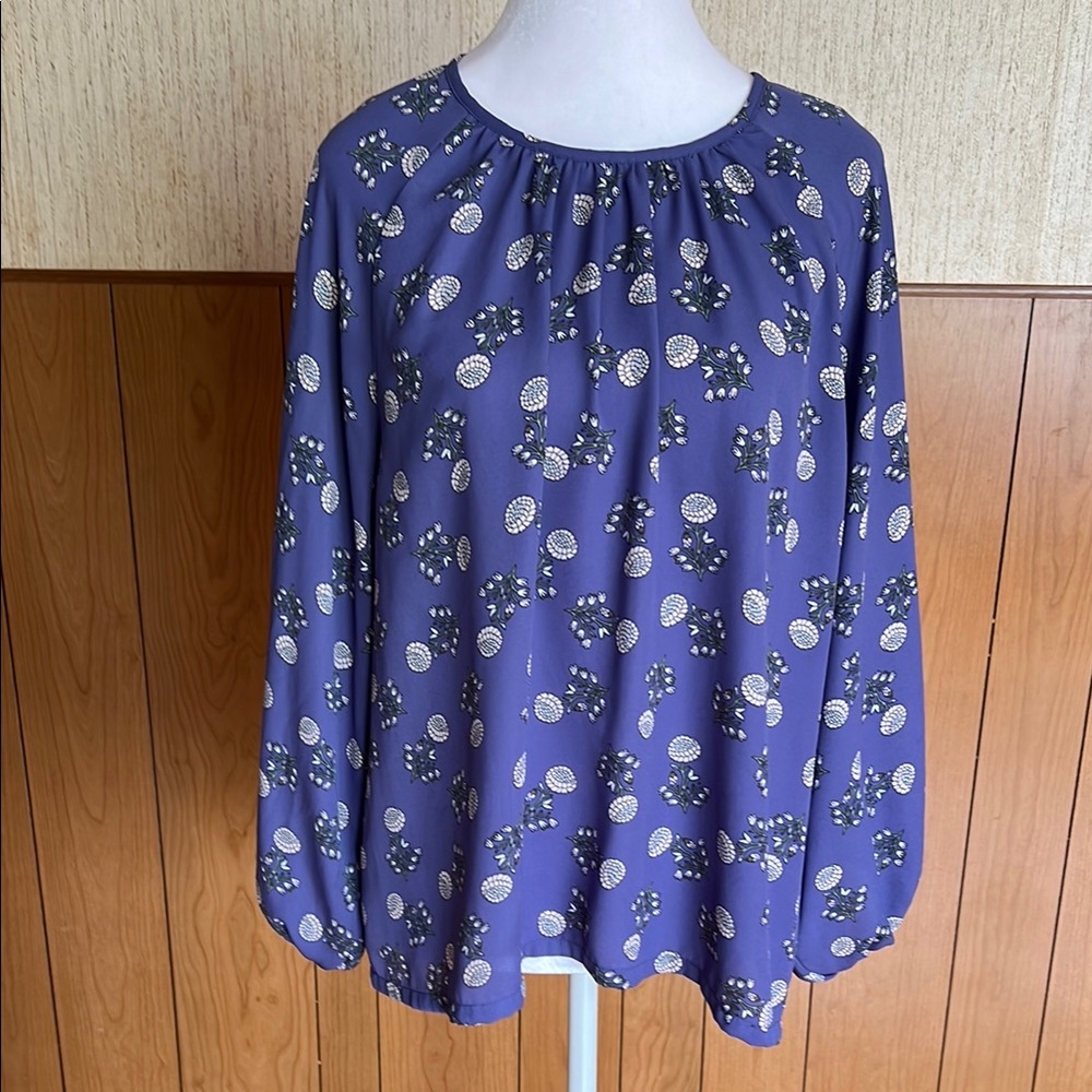LOFT Outlet Purple Floral Balloon Sleeve Blouse Gathers Size Large